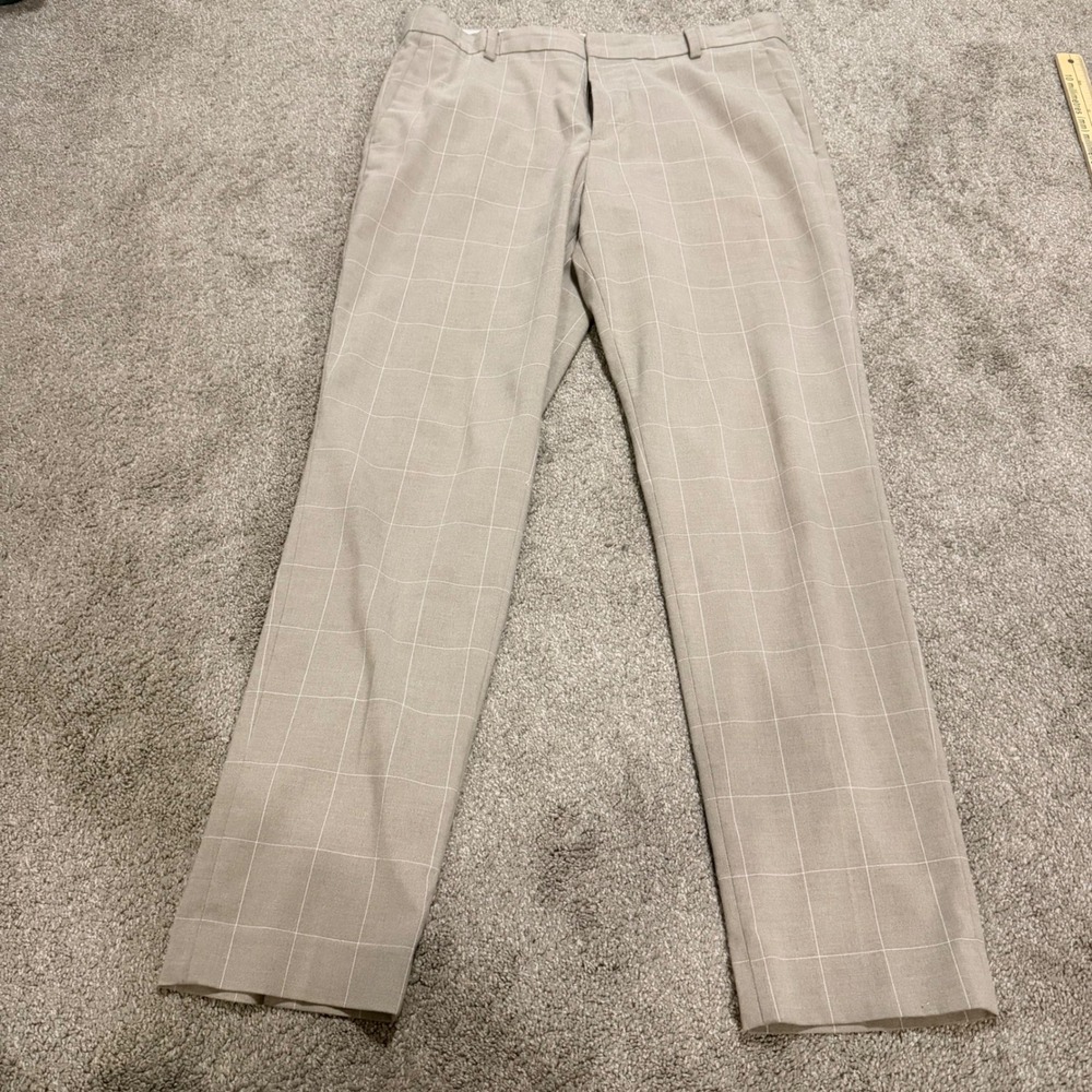 HM Mens Slim Fit Dress Pants Tan Windowpane Plaid Trousers 34R 34x30 Grid Pocket